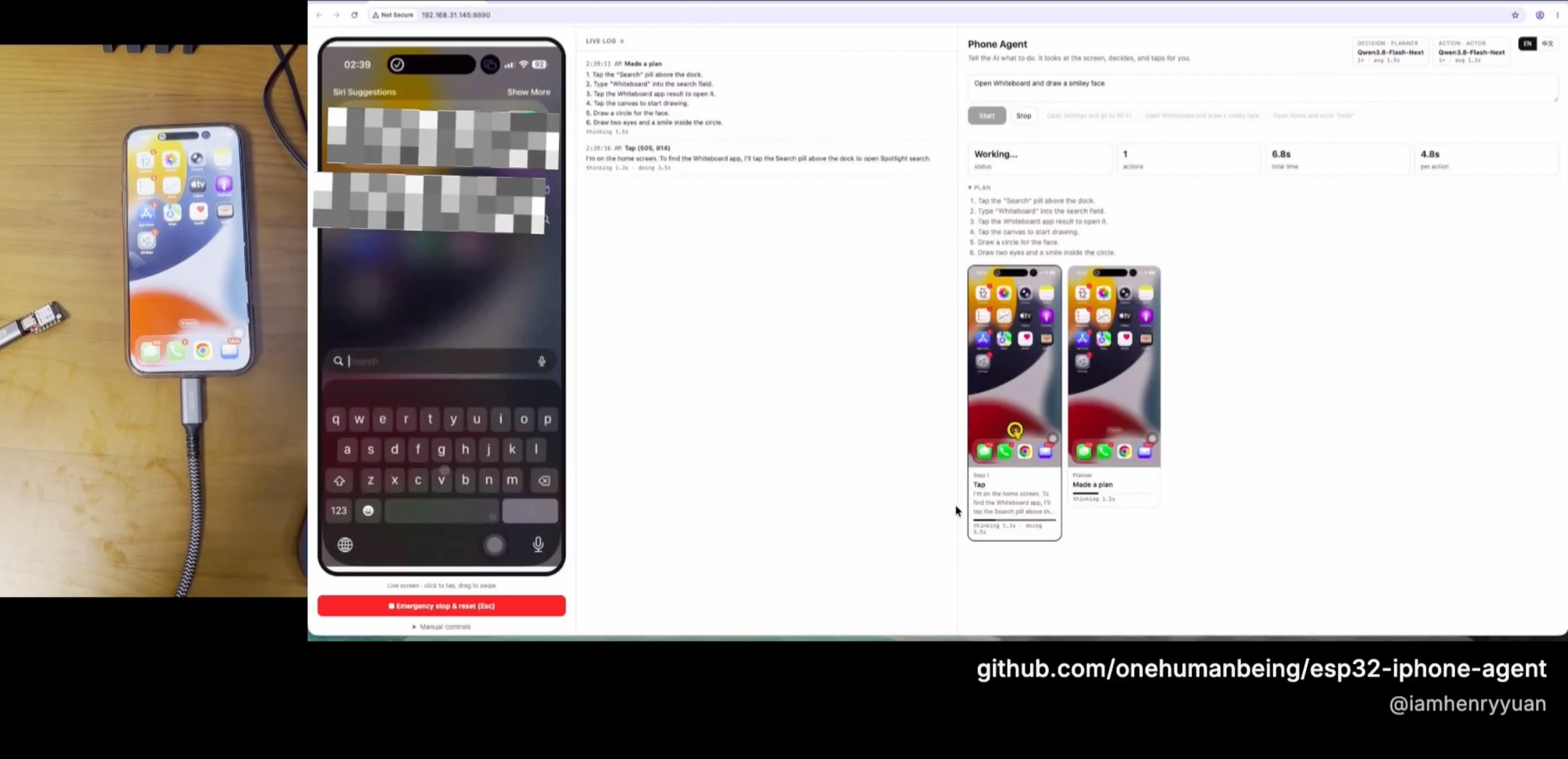 A XIAO ESP32S3 plugged into an iPhone, next to the agent web UI